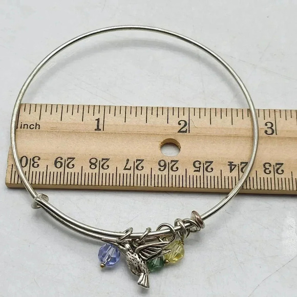 Multicolor Glass Beads Hummingbird Charm Bangle Bracelet Silver Tone Vintage - Picture 5 of 5